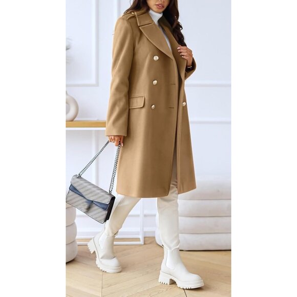 Women's Camel Winter Lapel Double Breasted Office Work Long Wool Pea Coat - Picture 4 of 5